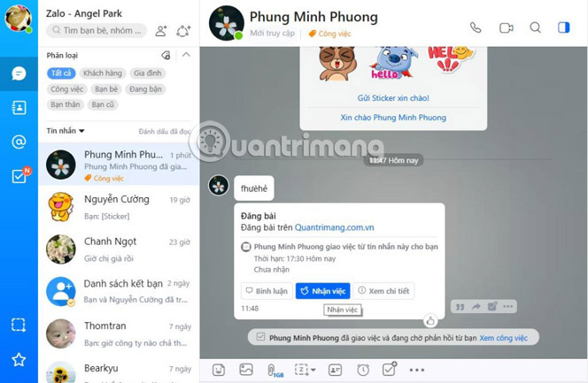 Người nhận sẽ nhận được tin nhắn giao việc
