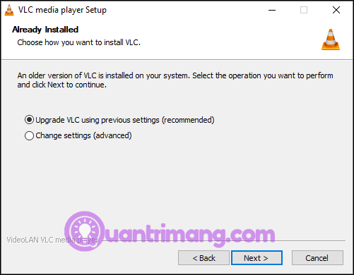 Chọn Upgrade VLC using previous settings (recommended)