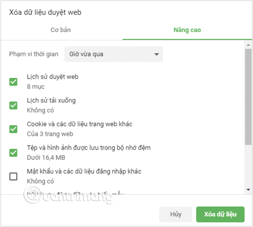 Cửa sổ Xóa dữ liệu duyệt web