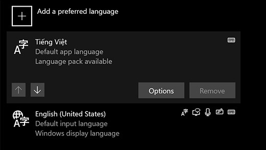Kích vào biểu tượng (+) tại nhãn Add a preferred language