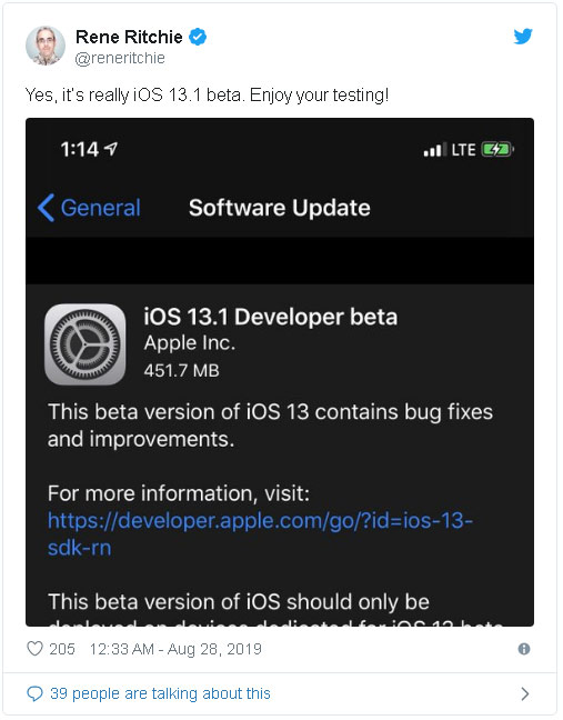 Apple đã tung ra phiên bản iOS 13.1 beta