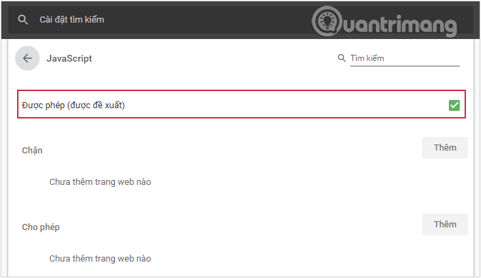 Sử dụng tùy chọn Được phép (Được đề xuất) để bật/tắt Javascript trong Cốc Cốc