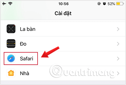 Chọn Safari trong Cài đặt iOS