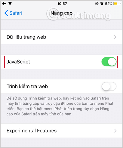 Sử dụng tùy tìm Javascript  để bật/tắt Javascript trong Safari
