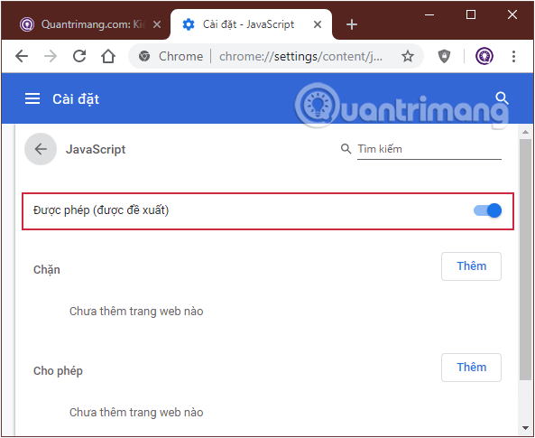 Sử dụng tùy tìm Được phép (Được đề xuất) để bật/tắt Javascript trong Chrome