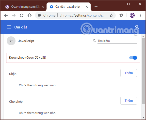 Sử dụng tùy chọn Được phép (Được đề xuất) để bật/tắt Javascript trong Chrome