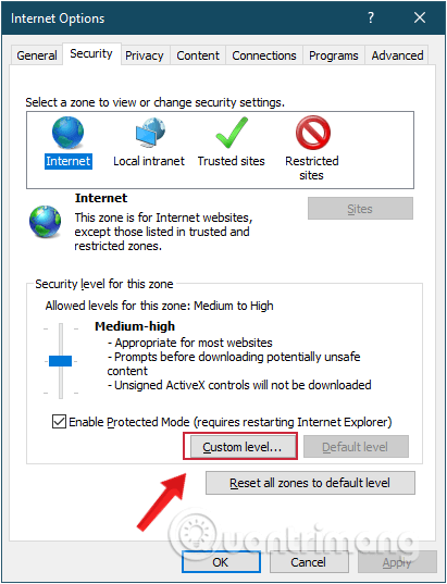 Click chọn vào nút Custom Level... trong tab Security