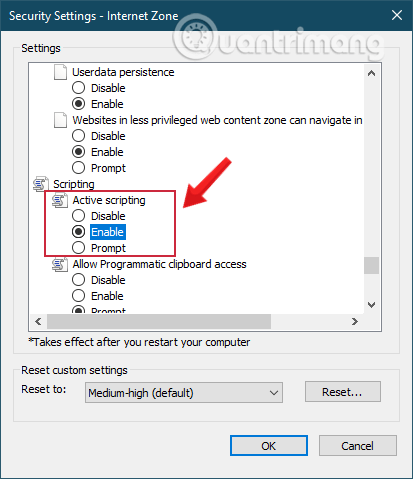 Lựa chọn Disable, Enable hoặc Prompt trong Active Scripting để tắt, bật JavaScript trong Internet Explorer