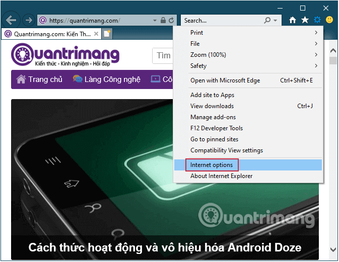 Mở Internet Options trong Internet Explorer