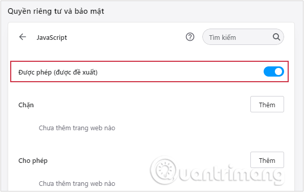 Sử dụng tùy chọn Được phép (Được đề xuất) để bật/tắt Javascript trong Opera