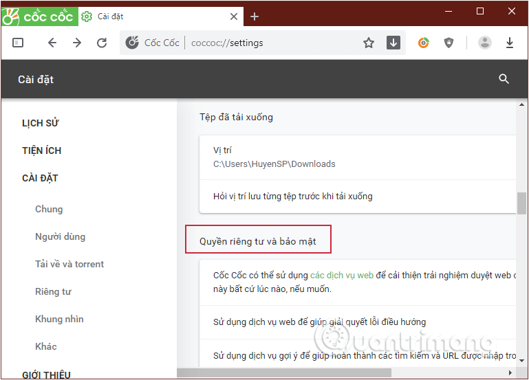 Tìm mục Quyền riêng tư và bảo mật trong Cốc Cốc