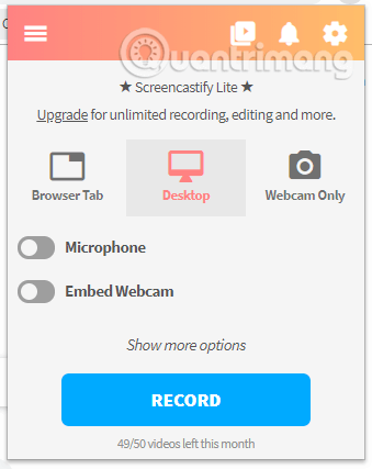 Giao diện bắt đầu của Screencastify