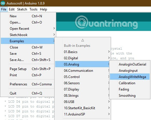 Vào File > Examples > Analog > AnalogWriteMega