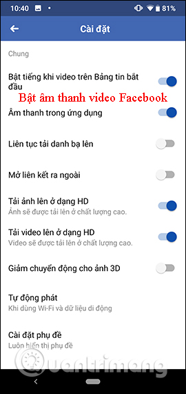Bật âm video Facebook Android