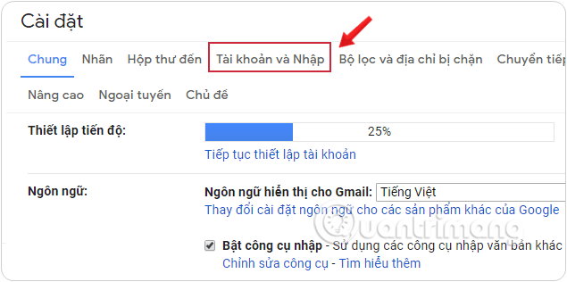 Chọn vào mục Tài khoản và Nhập trong cài đặt Gmail