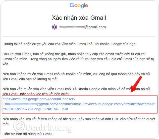 Click vào link đính kèm trong email để xác nhận việc xóa tài khoản gmail