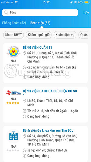 Kết quả bệnh viện gần nhất