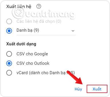 Nhấn vào Xuất