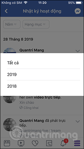Chọn hoạt động kiểm tra