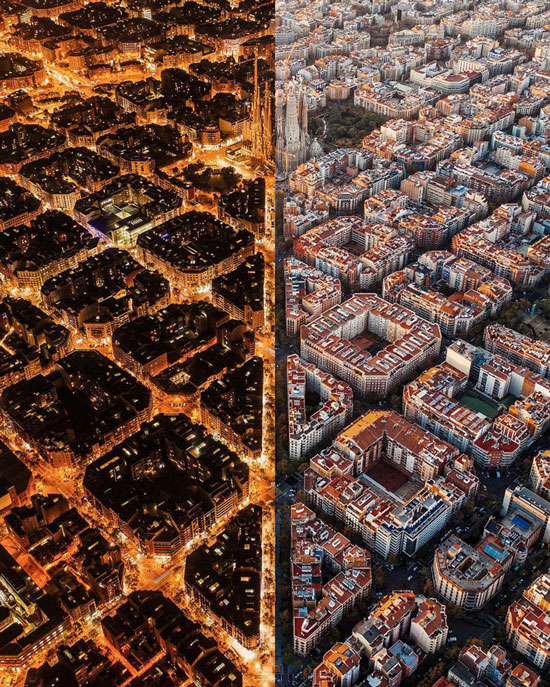 Khu phố đối xứng nổi tiếng ở thành phố Barcelona vào ban ngày và ban đêm