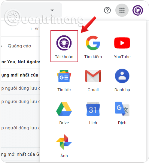 Mở Tài khoản (Account) trong danh sách Google Apps