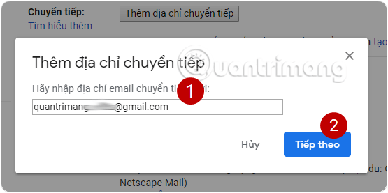 Cửa sổ pop-up mới hiện lên xác nhận email sẽ được chuyển tiếp