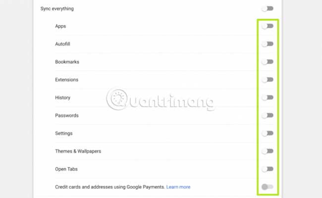 Bỏ chọn “Sync everything” và đảm bảo tất cả các tùy chọn bên dưới Sync được tắt