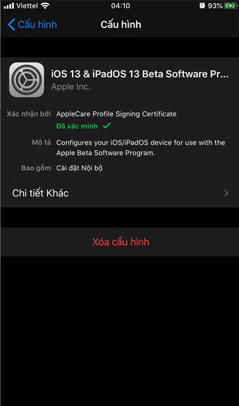 Xóa Profile iOS 13
