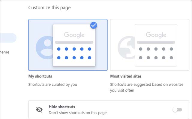 Tùy chính các chế độ hiển thị đối với shortcuts