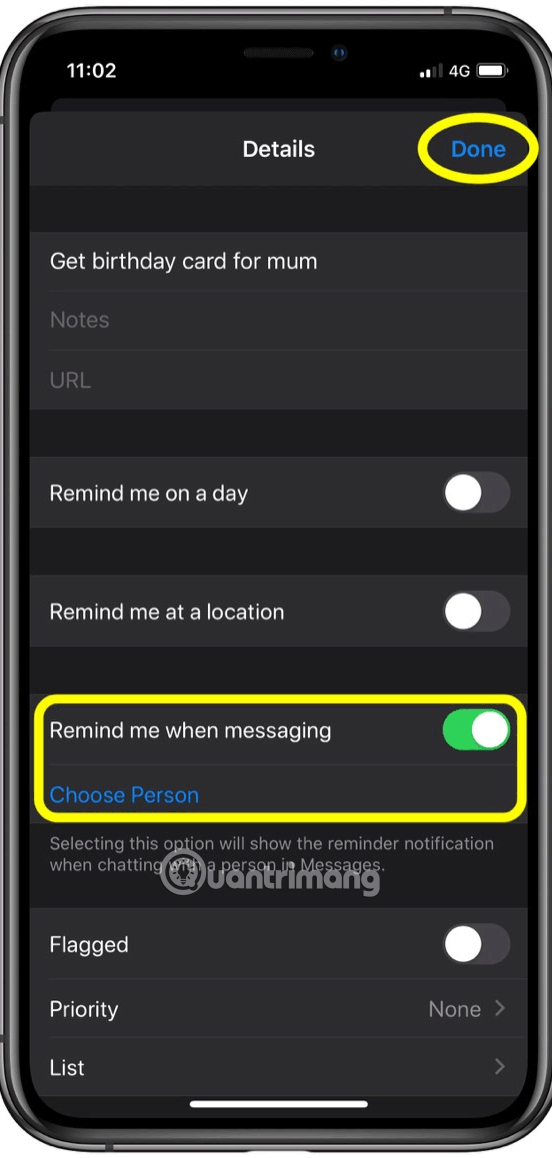 Bật Remind me when messaging