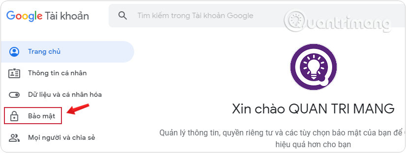 Tìm mục Bảo mật trong giao diện tài khoản Google