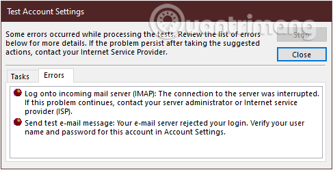 An error message occurred in the Test Account Settings dialog box