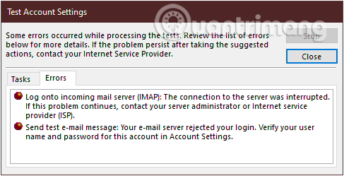 Thông báo có lỗi xảy ra trong hộp thoại Test Account Settings