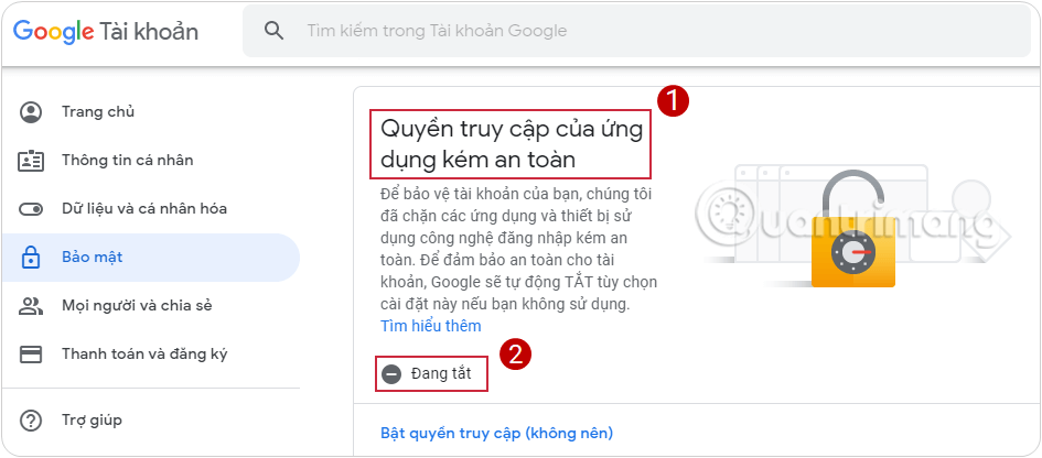 Bật Quyền truy cập của ứng dụng kém an toàn trên tài khoản Gmail