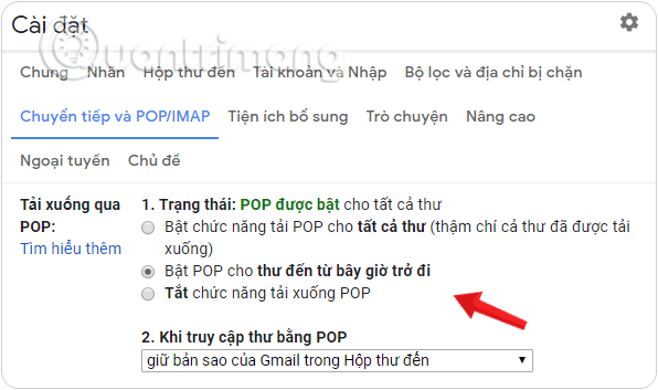 Bật POP cho thư đến từ bây giờ trở đi trong mục Tải xuống POP