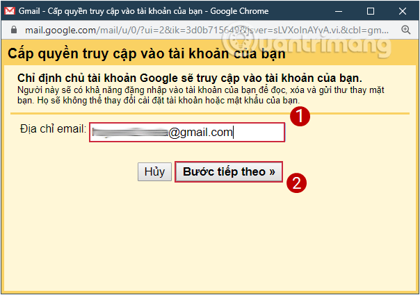 Nhập địa chỉ email gán quyền truy cập