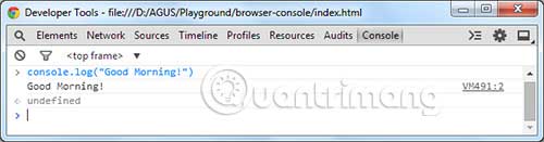 Console xuất ra kết quả “Good Morning!” bằng cách gõ lệnh console.log() trực tiếp trong Console