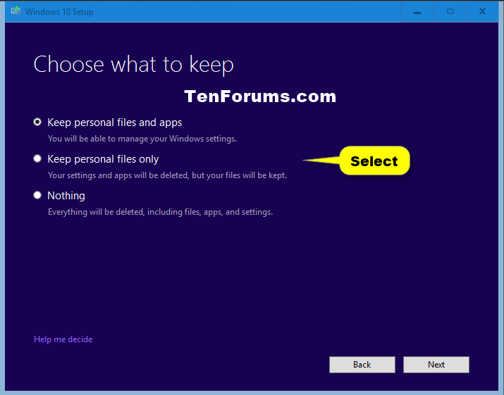 Chọn Keep personal files and apps