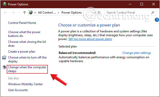 Chọn Change when the computer sleeps để thay đổi chế độ Sleep Windows 10