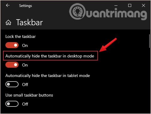 Bật ON chế độ Automatically hide the taskbar in desktop mode