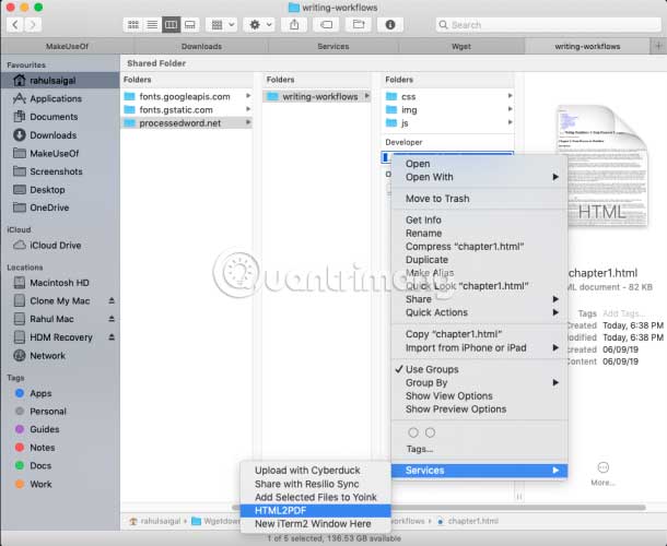 Nhấp chuột phải và chọn Services > HTML2PDF
