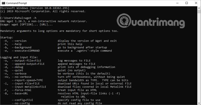 Trong PowerShell, gõ wget.exe -h để tải menu trợ giúp Wget