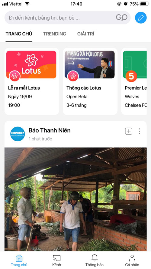 Mạng xã hội Lotus có 4 tab chính gồm Trang chủ, Kênh, Thông báo và Cá nhân