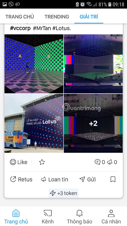 Mỗi bài đăng trên Lotus bao gồm 4 chức năng chính: Retus, Loan tin, Gửi và Lưu