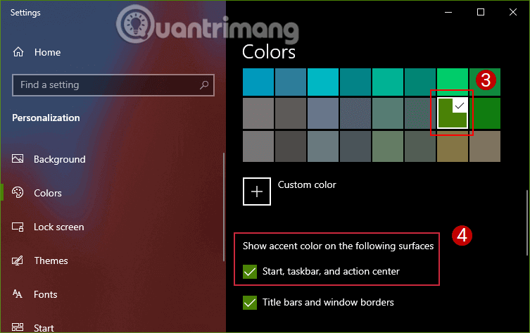 Chọn màu và tích chọn thêm tùy chọn Start, taskbar, and action center