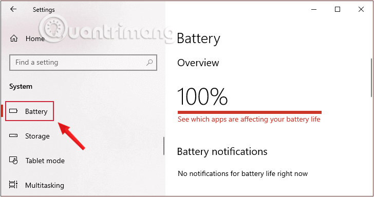 Nhấn sắm thiết lập Battery