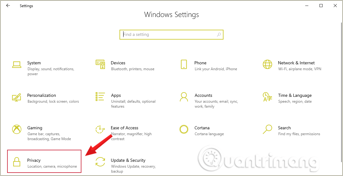 Nhấn sắm Privacy trong Windows Settings
