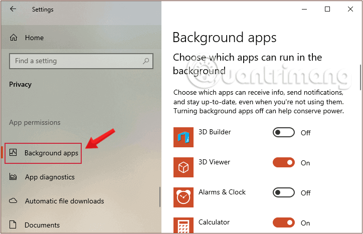 Chuyển các ứng dụng sang chế độ Tắt để tắt nền Windows 10