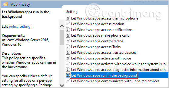 Tìm tùy sắm Let Windows apps run in the background trong App Privacy