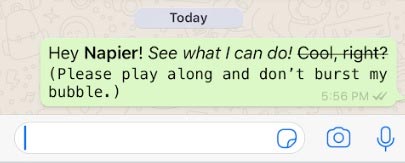You can format WhatsApp messages in bold, italic, strikethrough, and several other formatting styles.